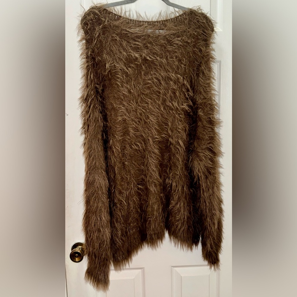 SHEIN Brown Fuzzy Long-Sleeve Crewneck Sweater